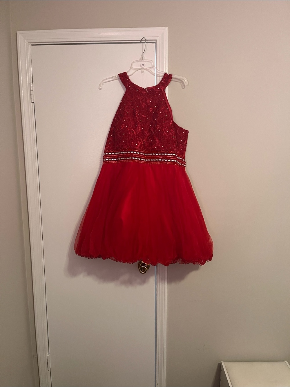 Red Beaded Halter Prom Dress
